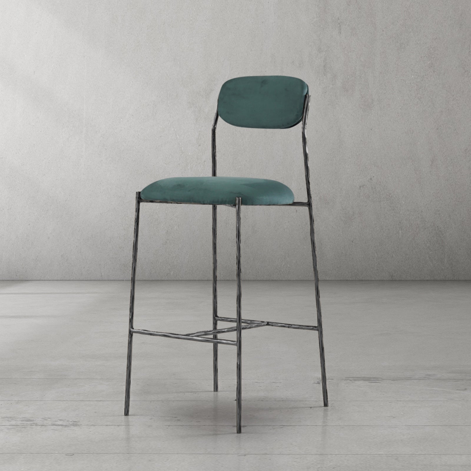 Hand-Forged Metal Green Fabric Bar Stool