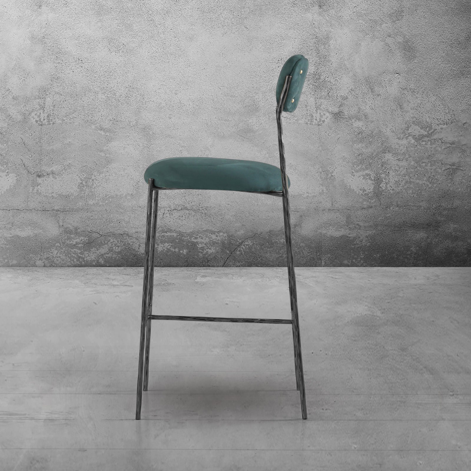 Hand-Forged Metal Green Fabric Bar Stool