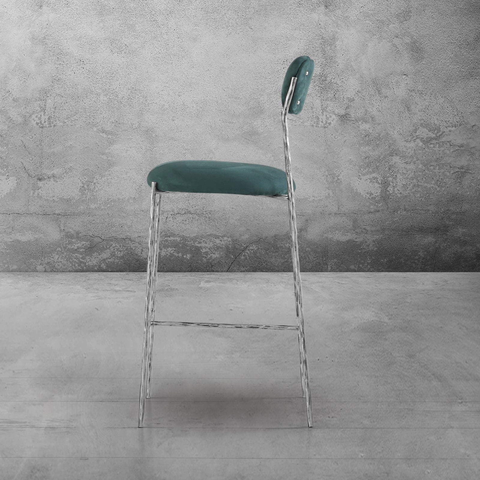 Hand-Forged Metal Green Fabric Bar Stool
