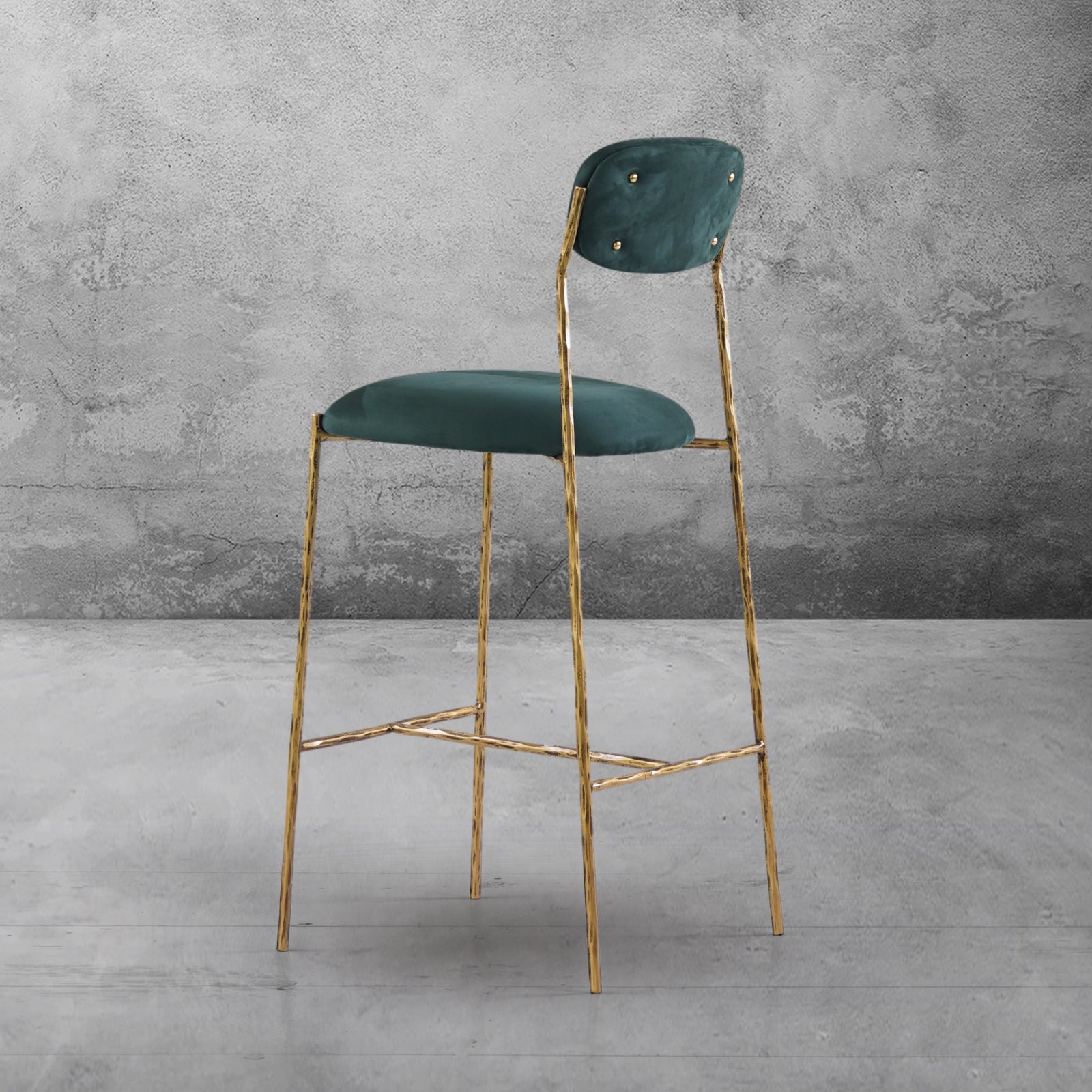Hand-Forged Metal Green Fabric Bar Stool