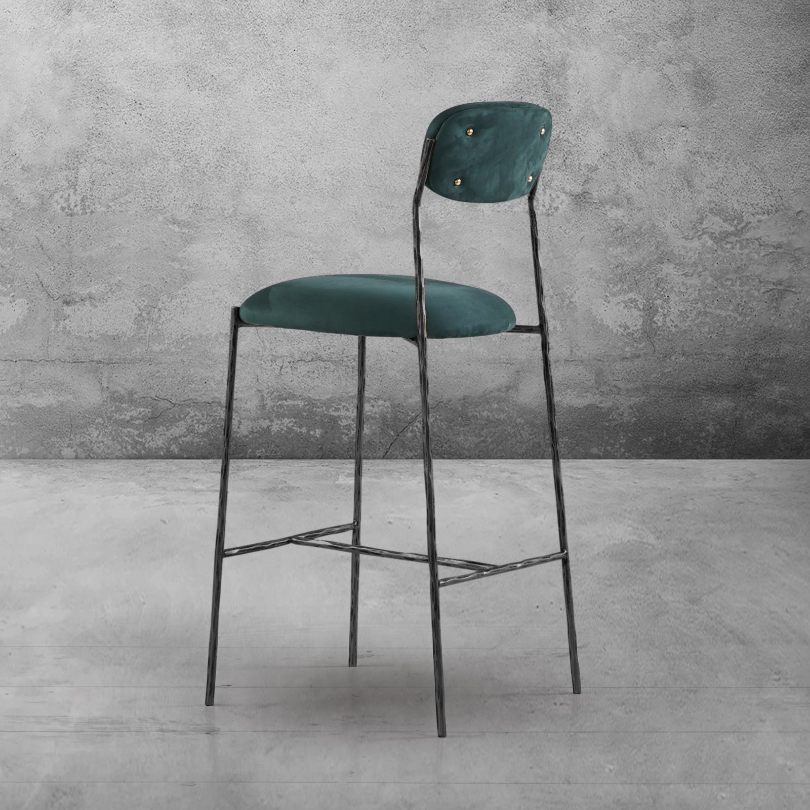 Hand-Forged Metal Green Fabric Bar Stool