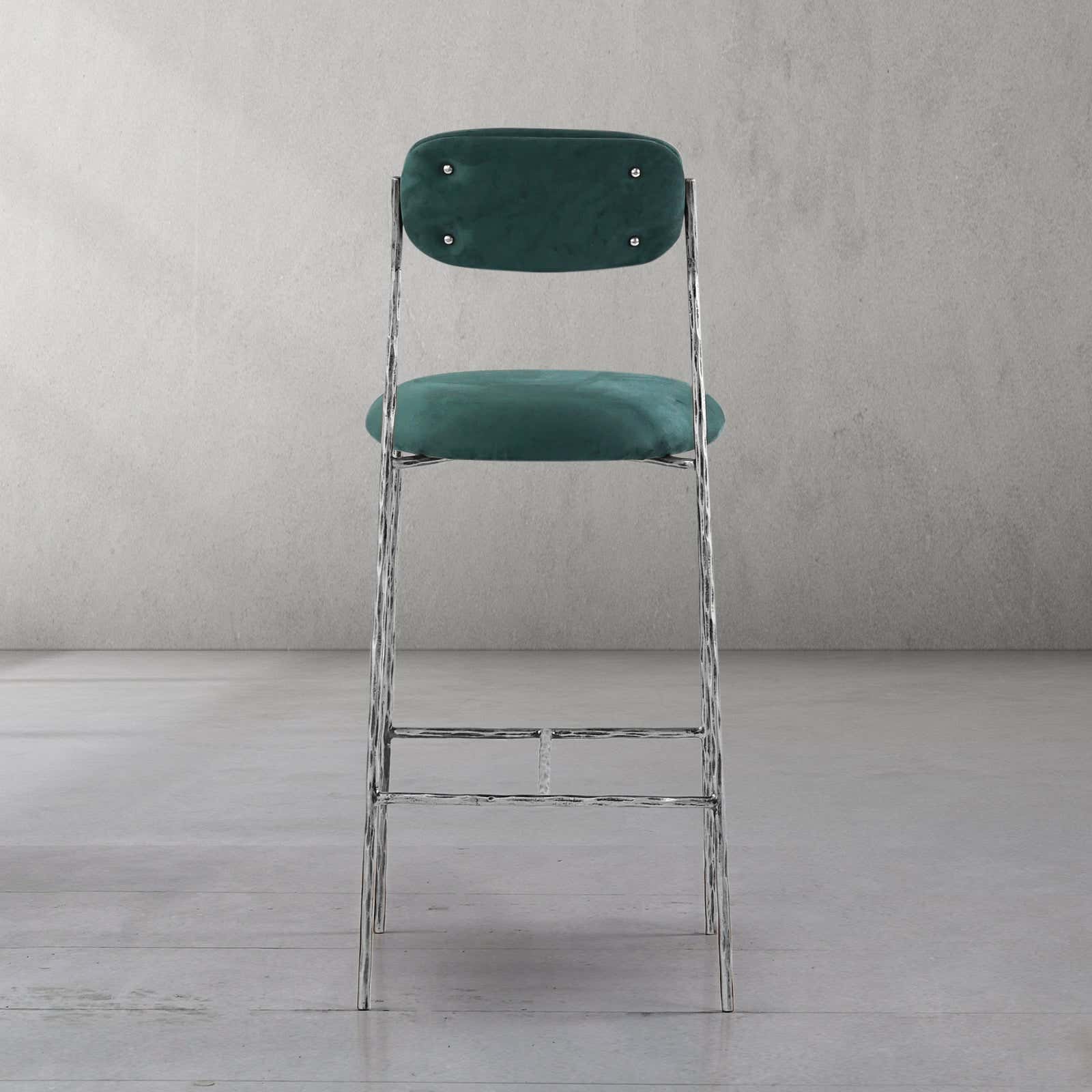 Hand-Forged Metal Green Fabric Bar Stool