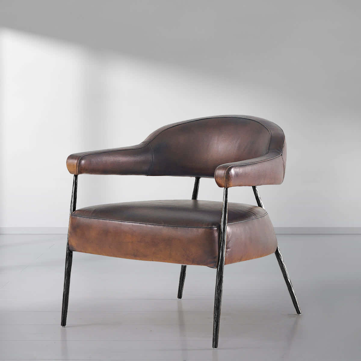 Hand-Forged Metal Brown Leather Lounge Armchair