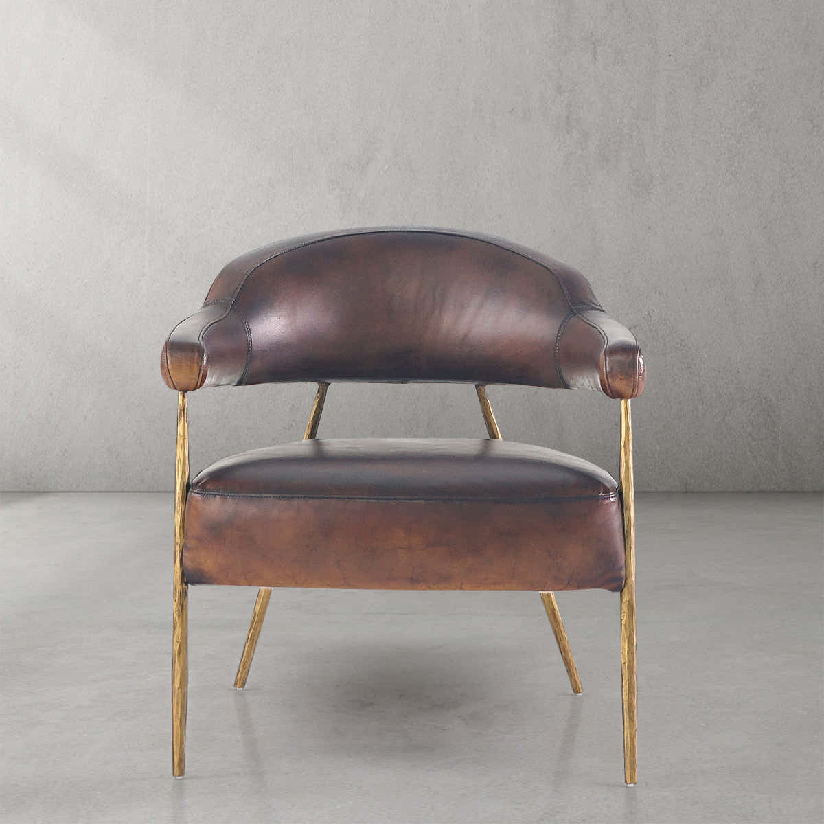 Hand-Forged Metal Brown Leather Lounge Armchair