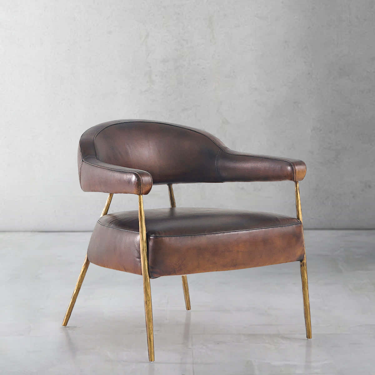 Hand-Forged Metal Brown Leather Lounge Armchair