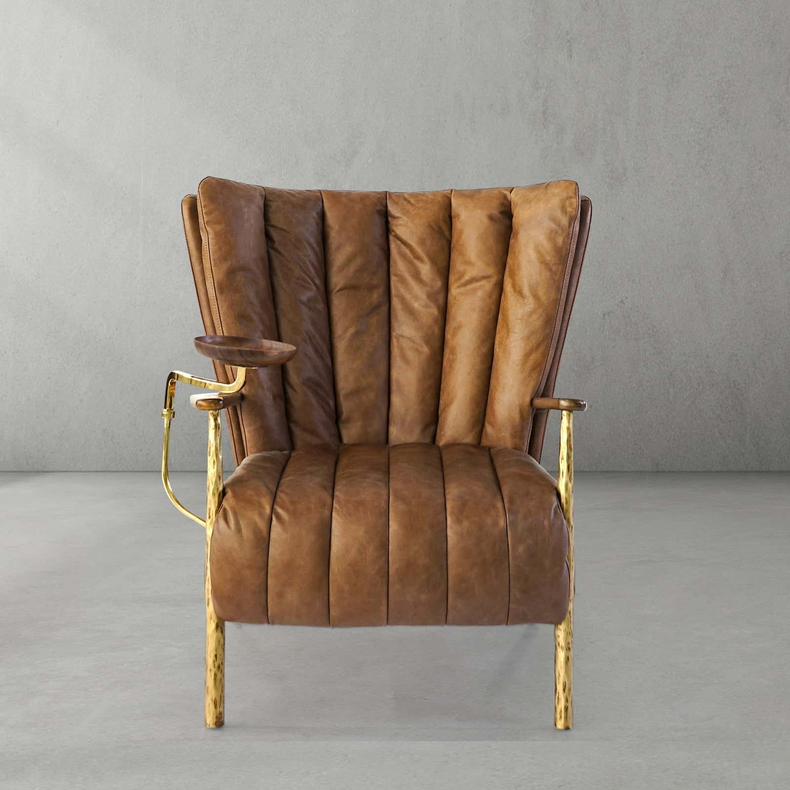 Hand-Forged Metal Vintage Leather Armchair Cigar Chair
