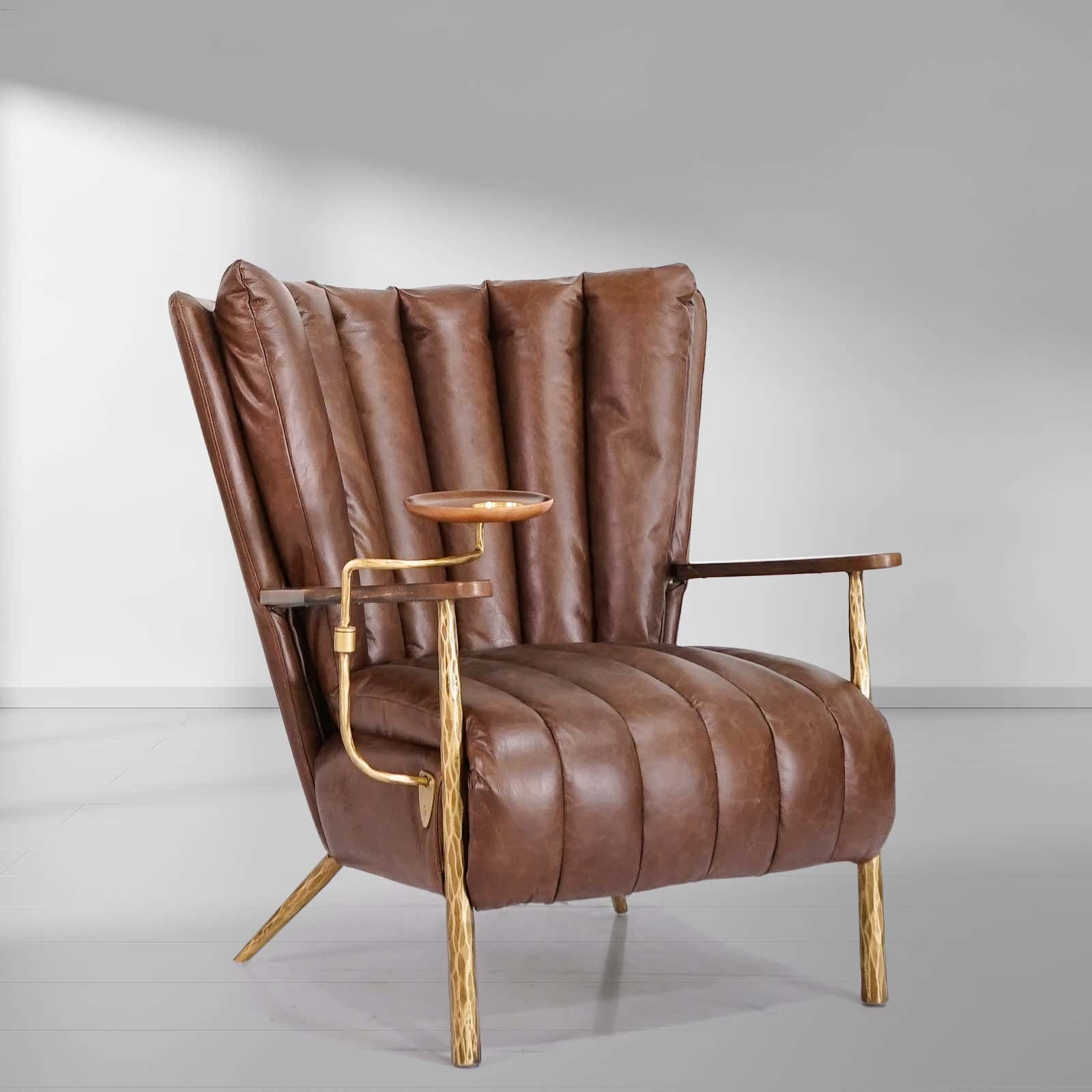 Hand-Forged Metal Vintage Leather Armchair Cigar Chair