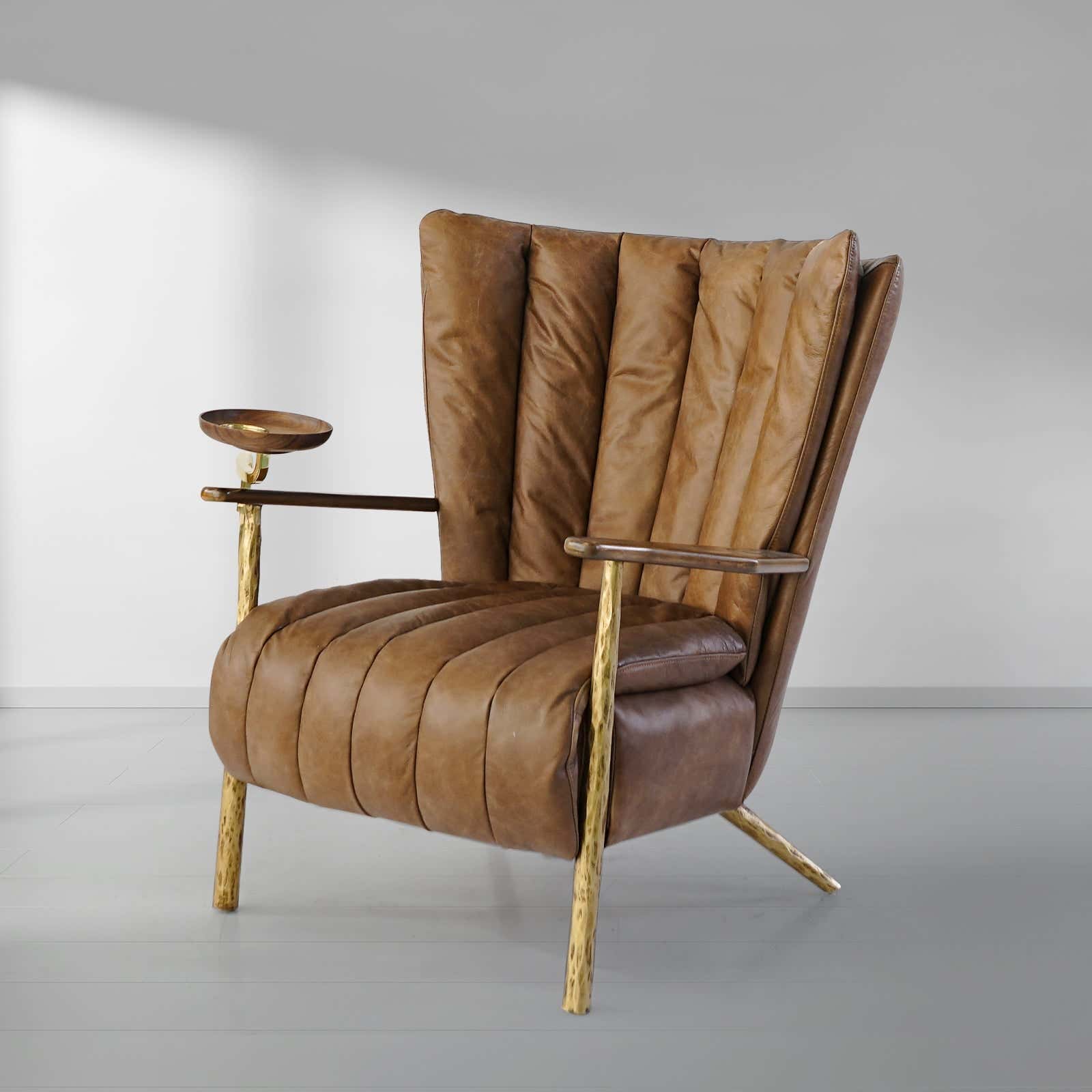Hand-Forged Metal Vintage Leather Armchair Cigar Chair