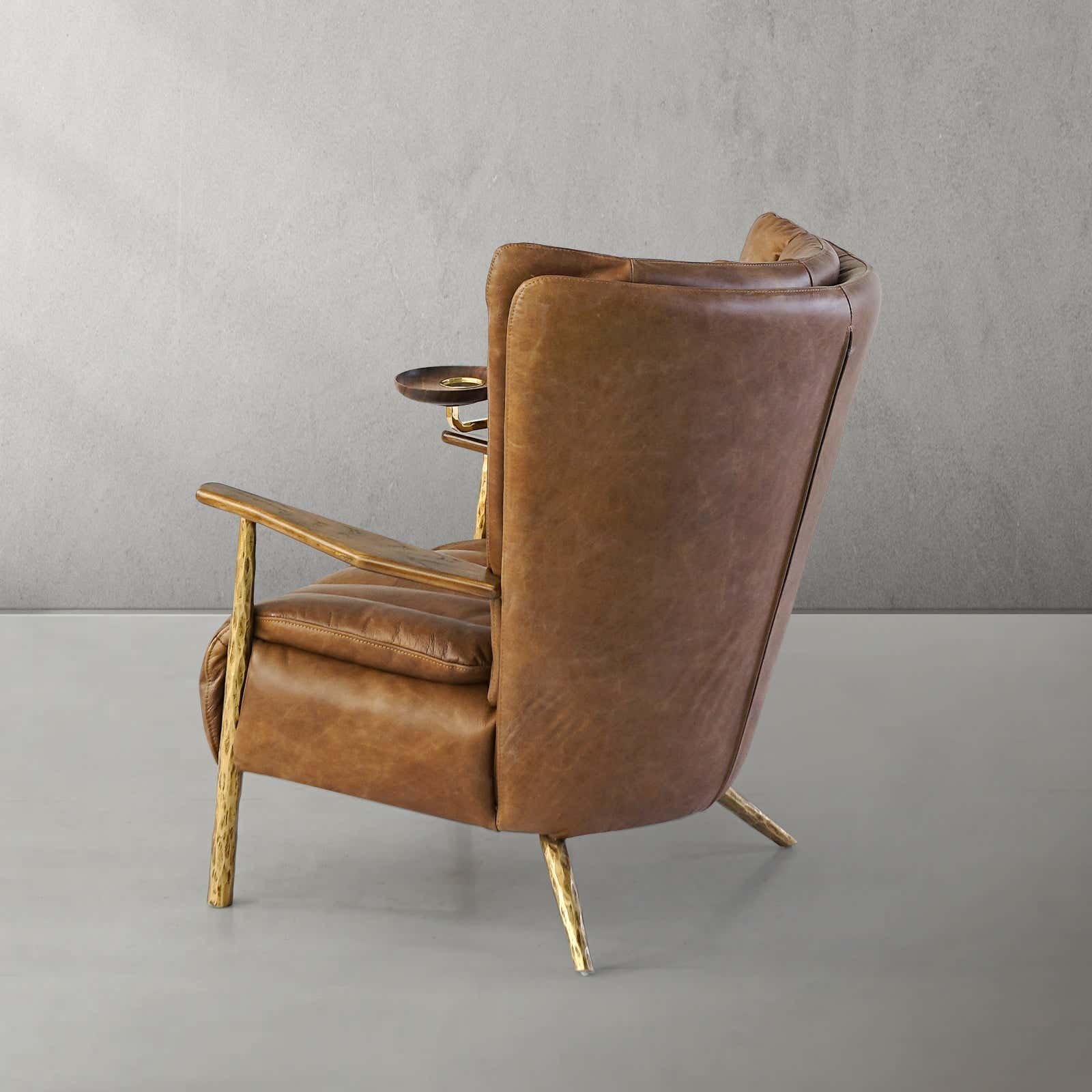 Hand-Forged Metal Vintage Leather Armchair Cigar Chair