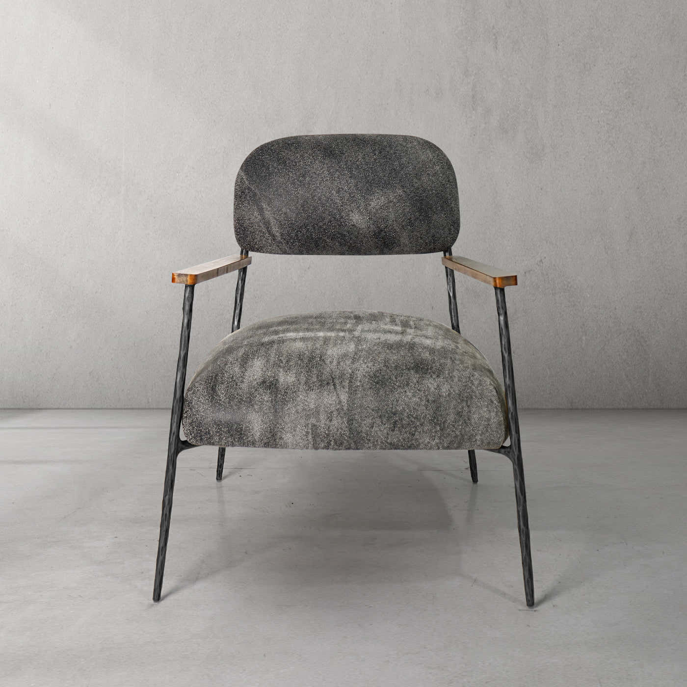 Hand-Forged Metal Grey Pearl Grain Leather Armchair