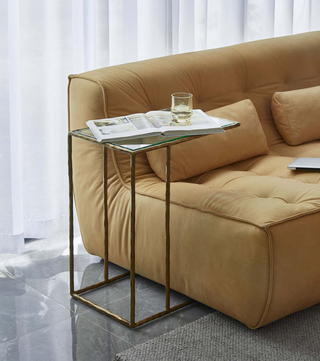 Hand-Forged Metal Glass C-Shaped Side Table
