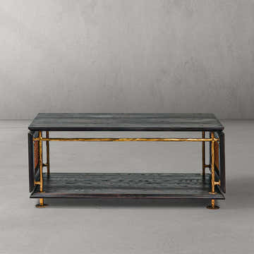 Hand-Forged Metal Vintage Rattan Wooden Coffee Table