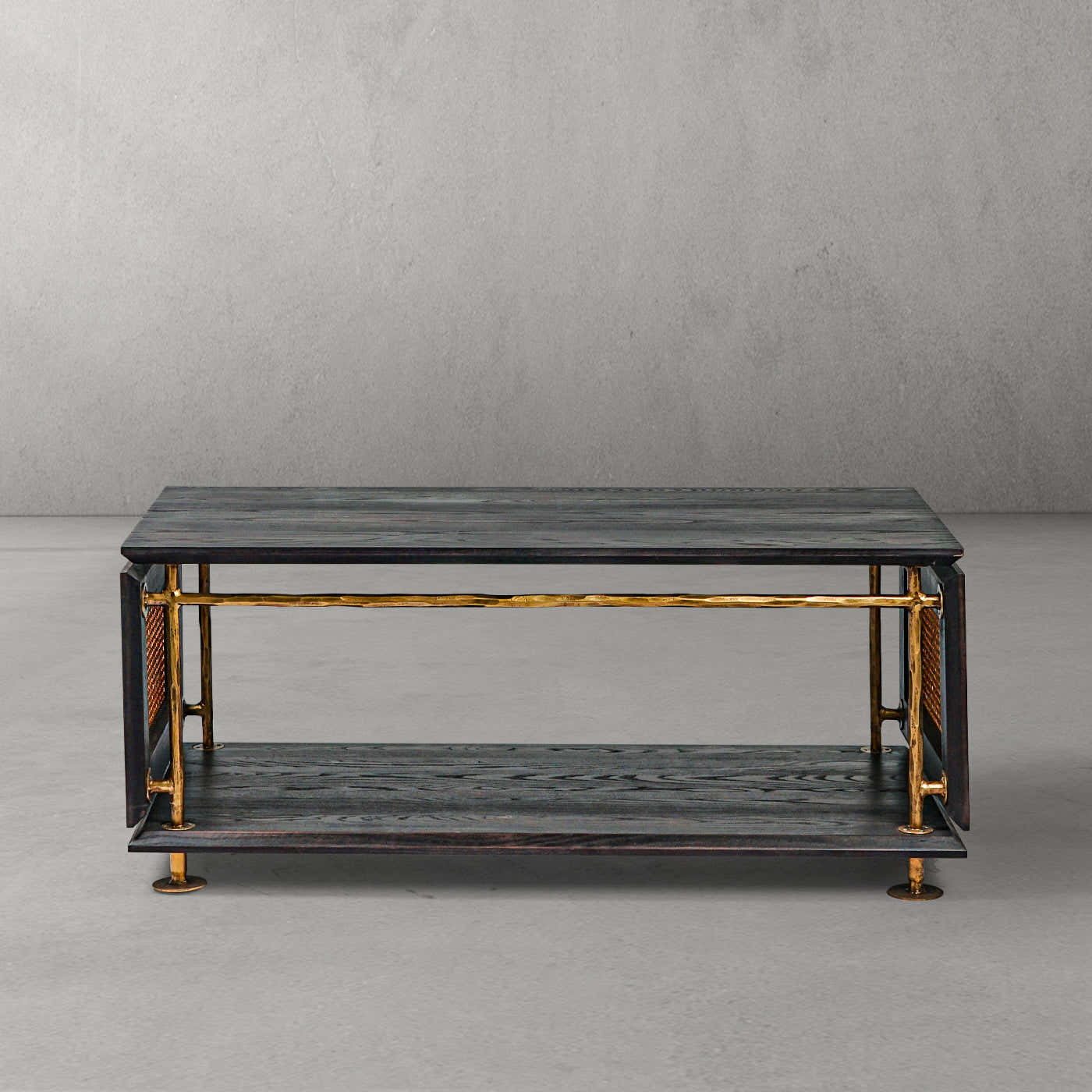 Hand-Forged Metal Vintage Rattan Wooden Coffee Table