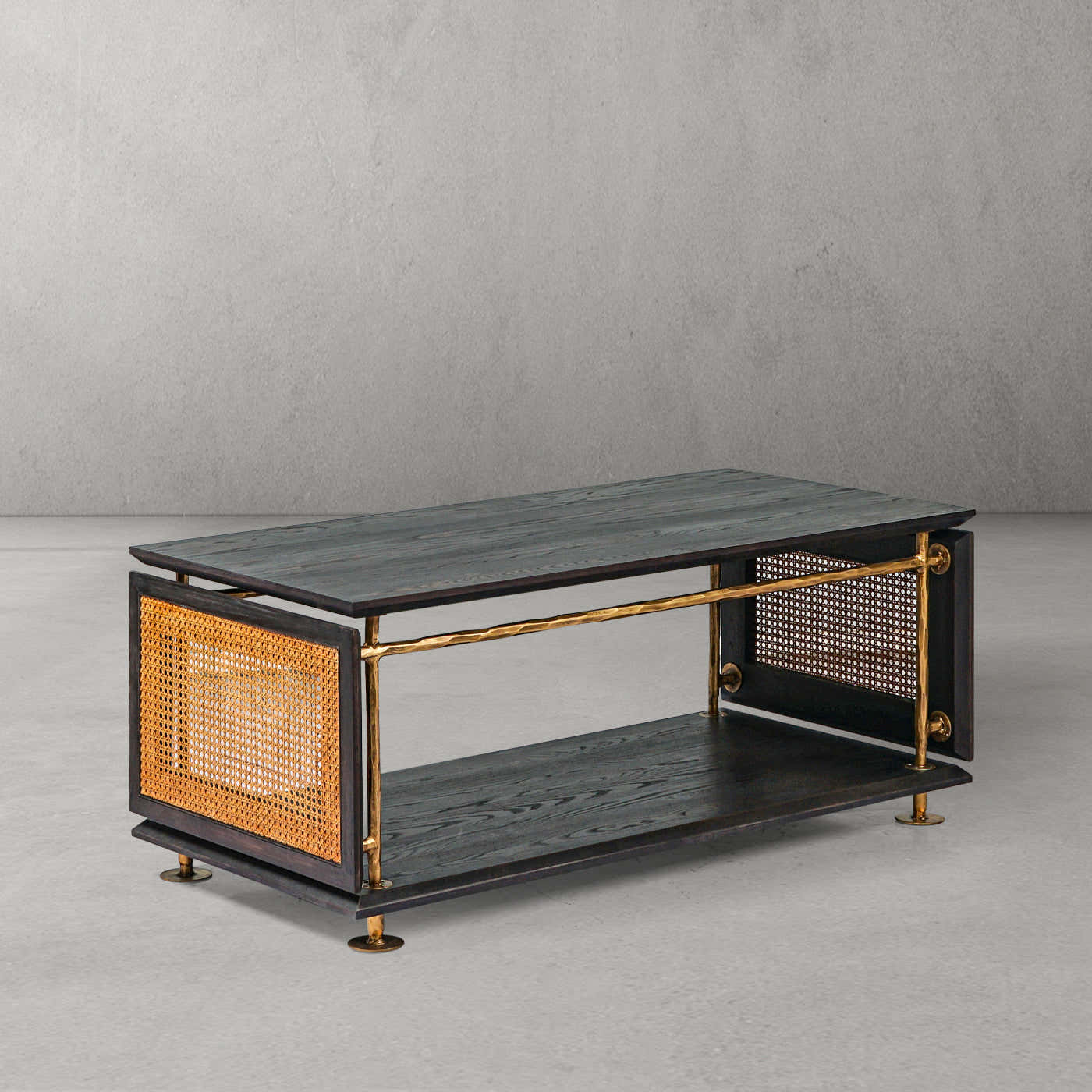 Hand-Forged Metal Vintage Rattan Wooden Coffee Table