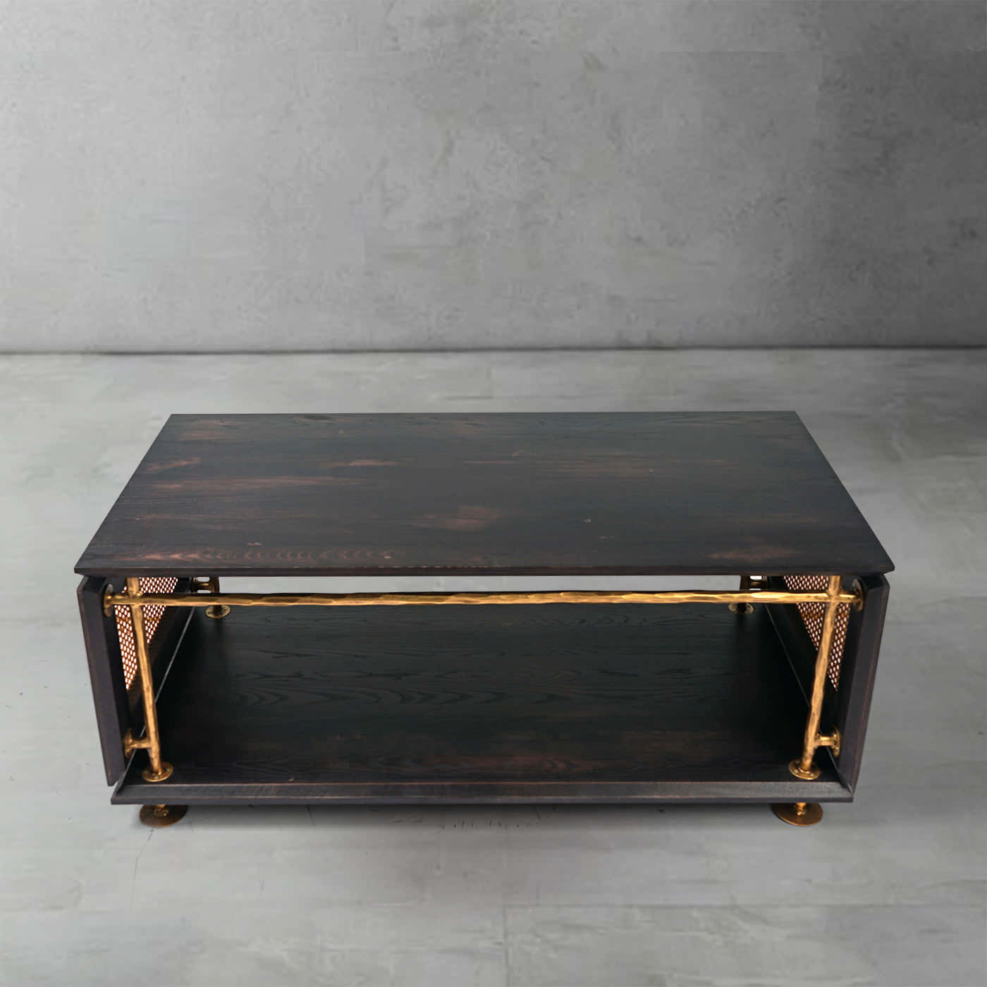 Hand-Forged Metal Vintage Rattan Wooden Coffee Table