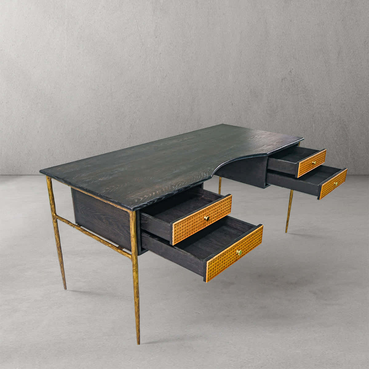 Hand-Forged Metal Retro Brass Iron Frame Rattan Desk