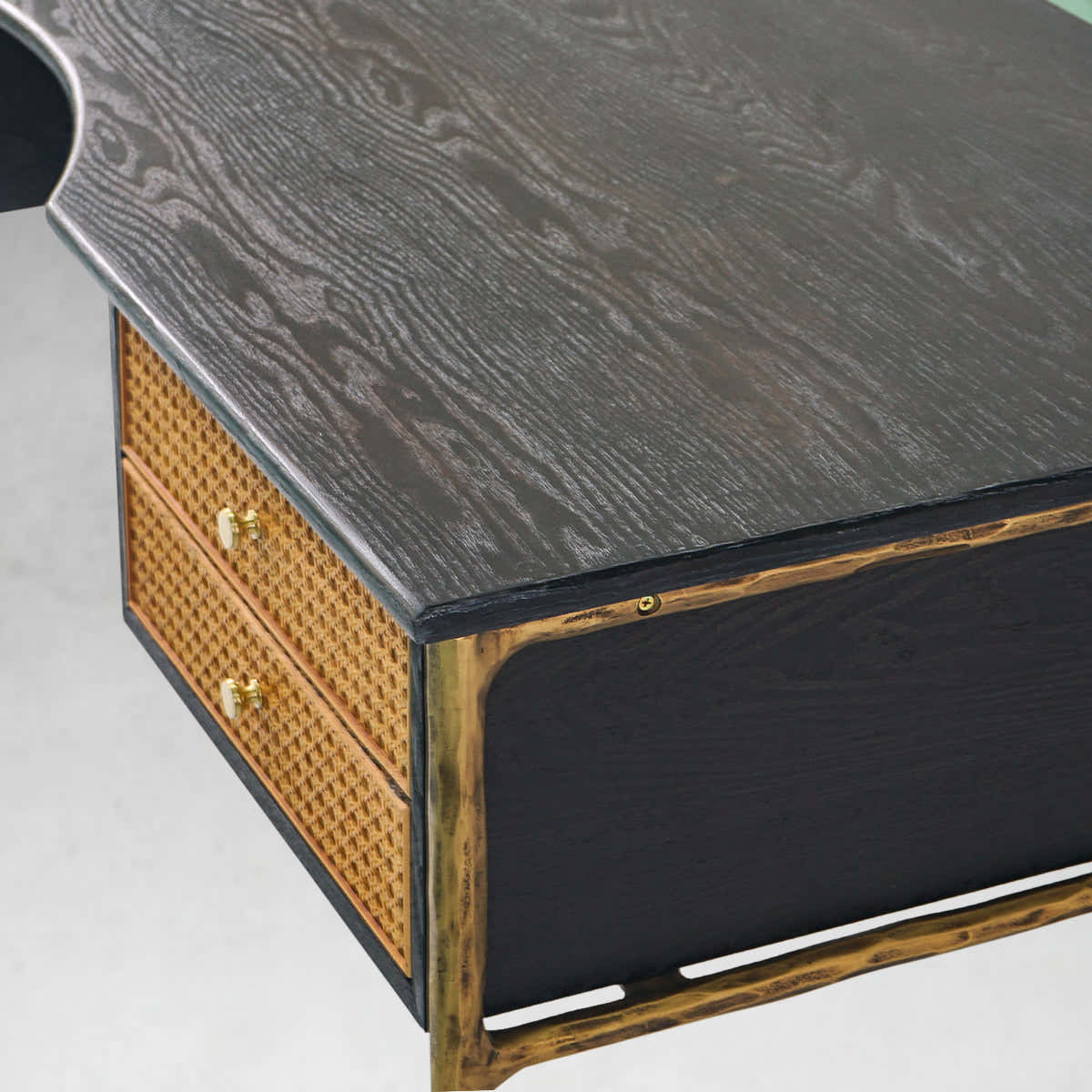 Hand-Forged Metal Retro Brass Iron Frame Rattan Desk