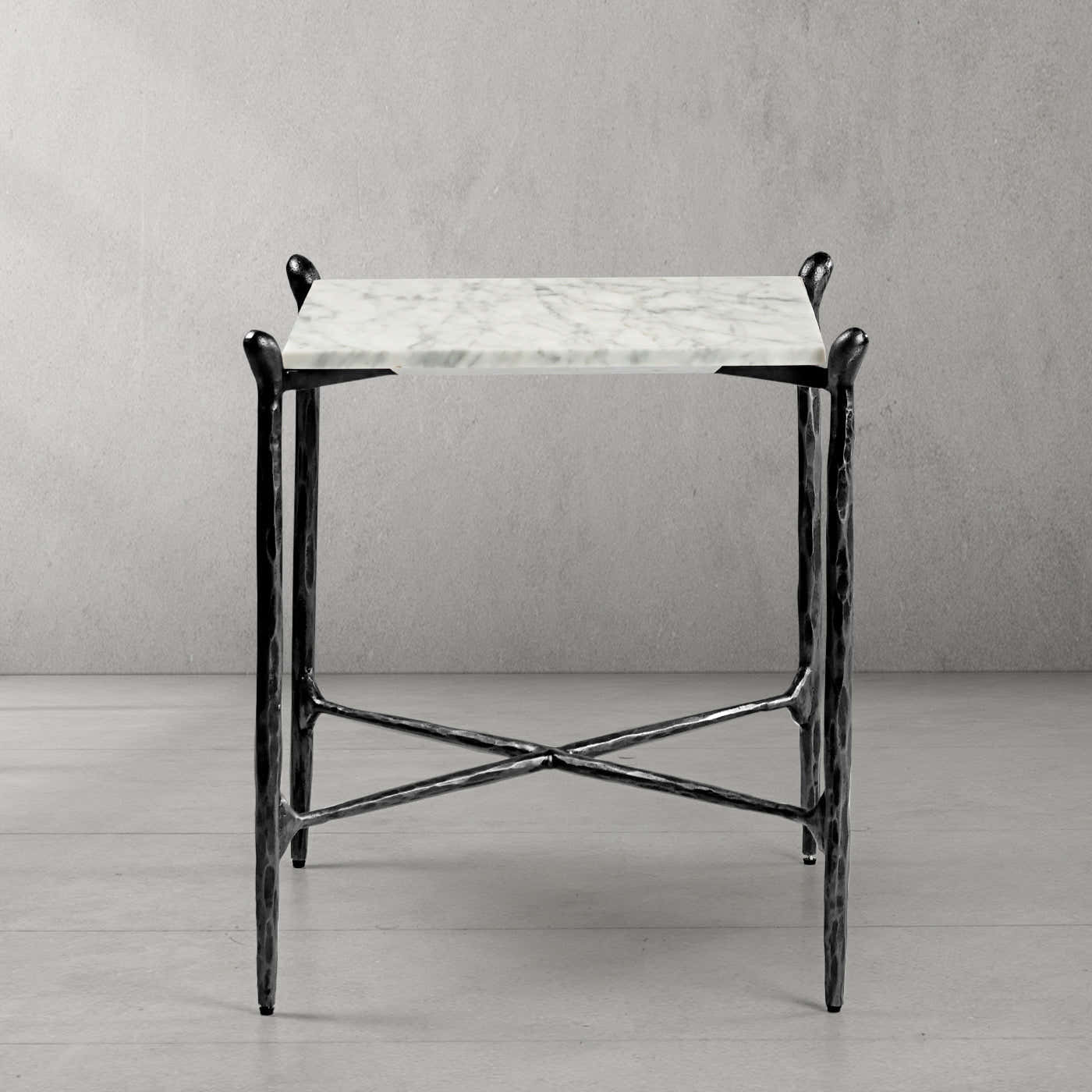 Hand-Forged Metal Square Marble Side Table