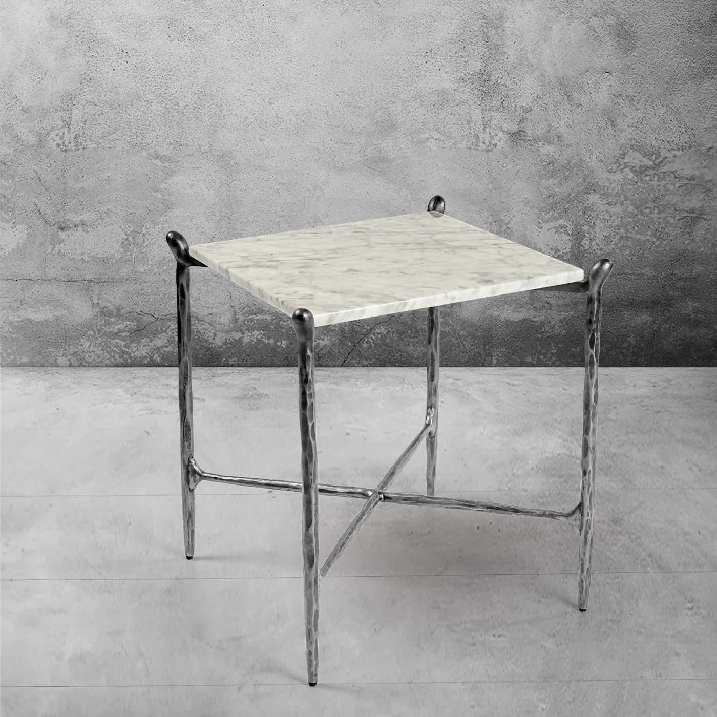 Hand-Forged Metal Square Marble Side Table