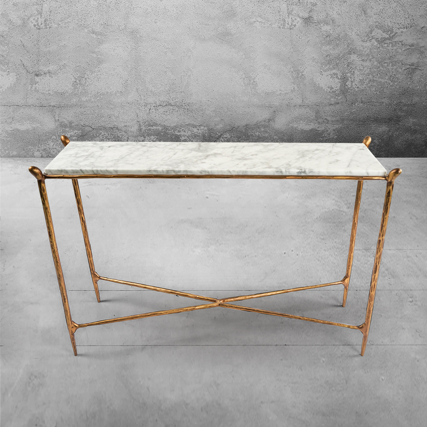 Hand-Forged Metal Rectangle Horn Marble Console Table
