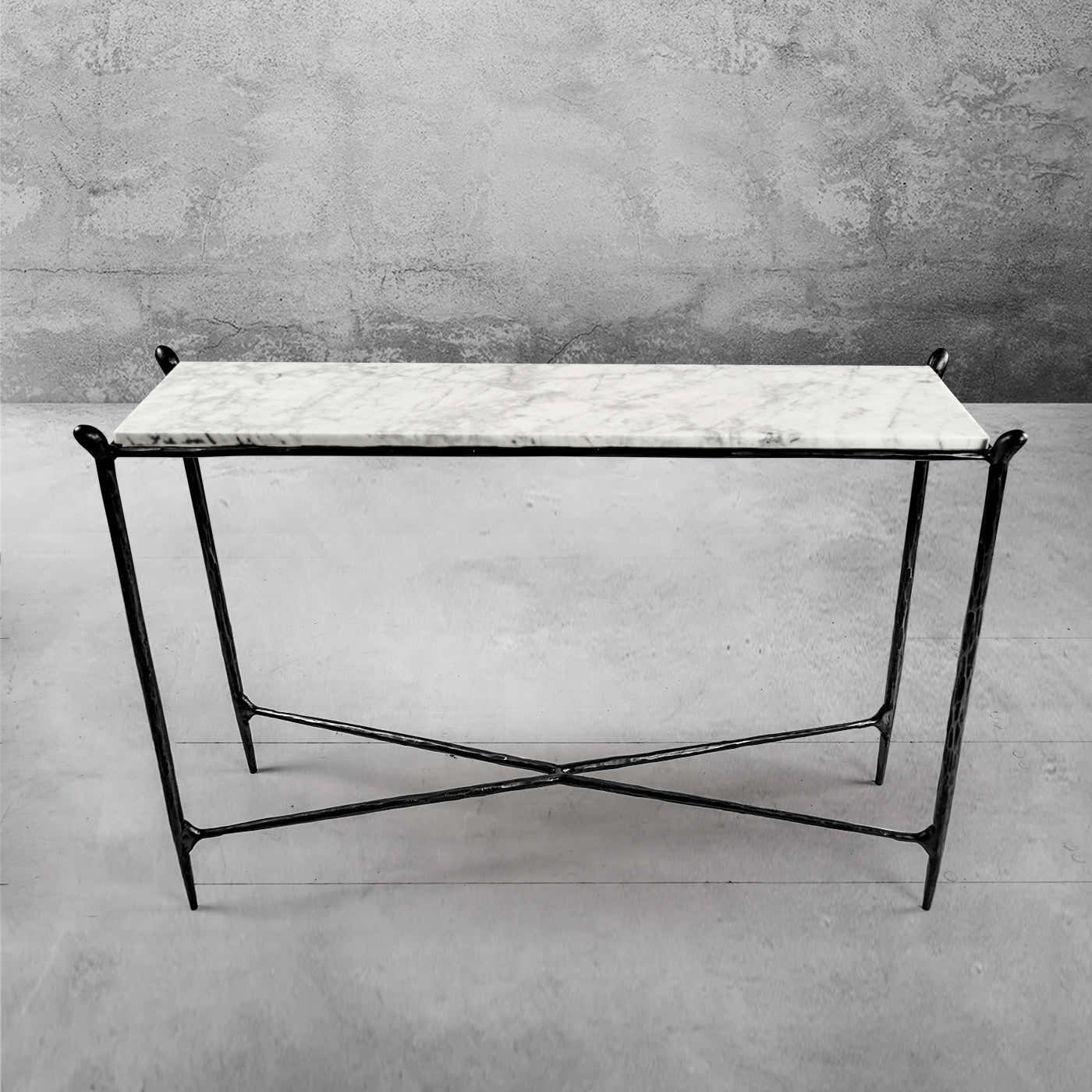 Hand-Forged Metal Rectangle Horn Marble Console Table