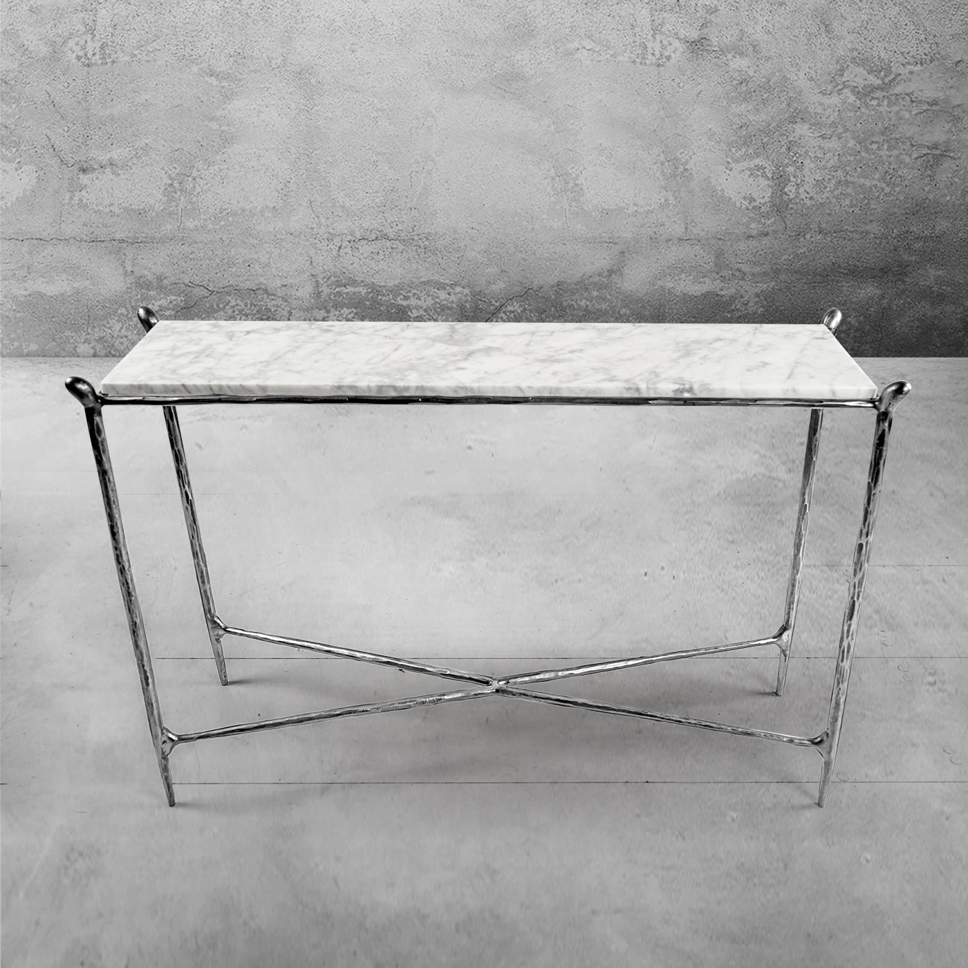 Hand-Forged Metal Rectangle Horn Marble Console Table