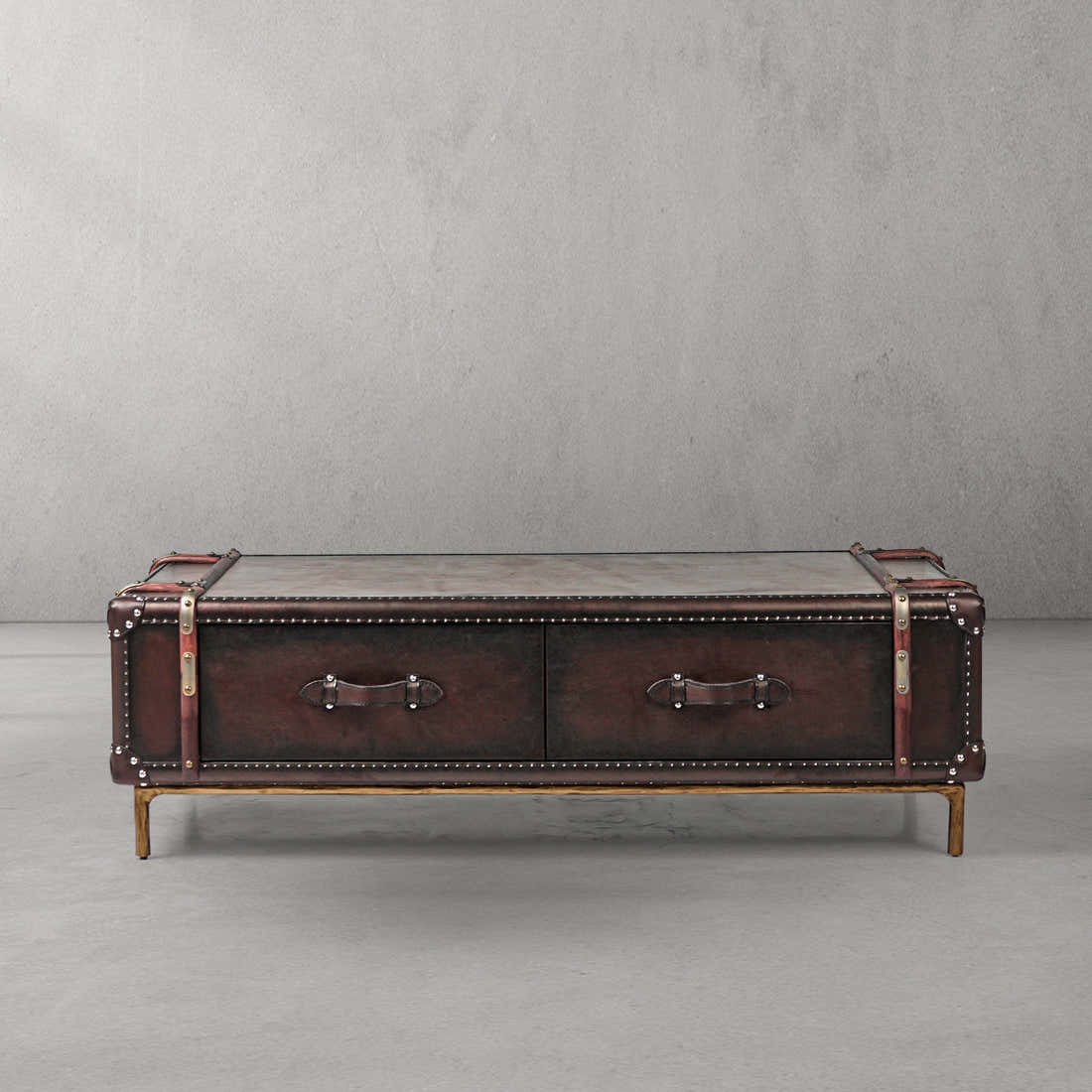 Hand-Forged Metal Vintage Cowhide Rattan Coffee Table