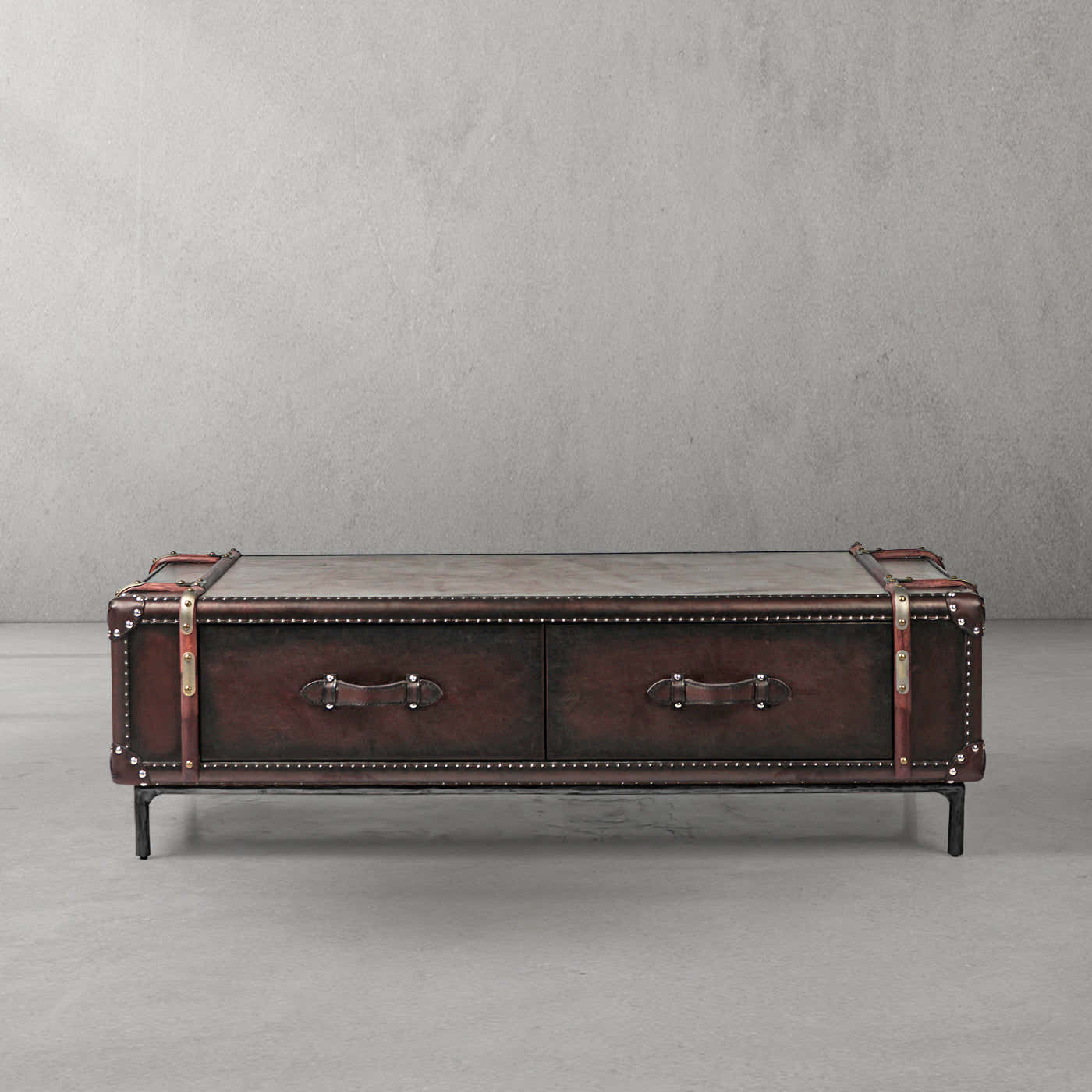 Hand-Forged Metal Vintage Cowhide Rattan Coffee Table