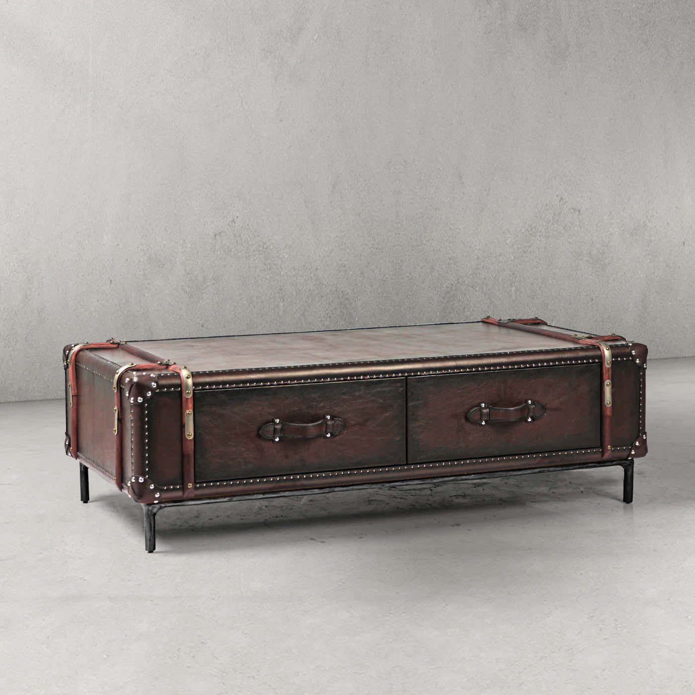 Hand-Forged Metal Vintage Cowhide Rattan Coffee Table