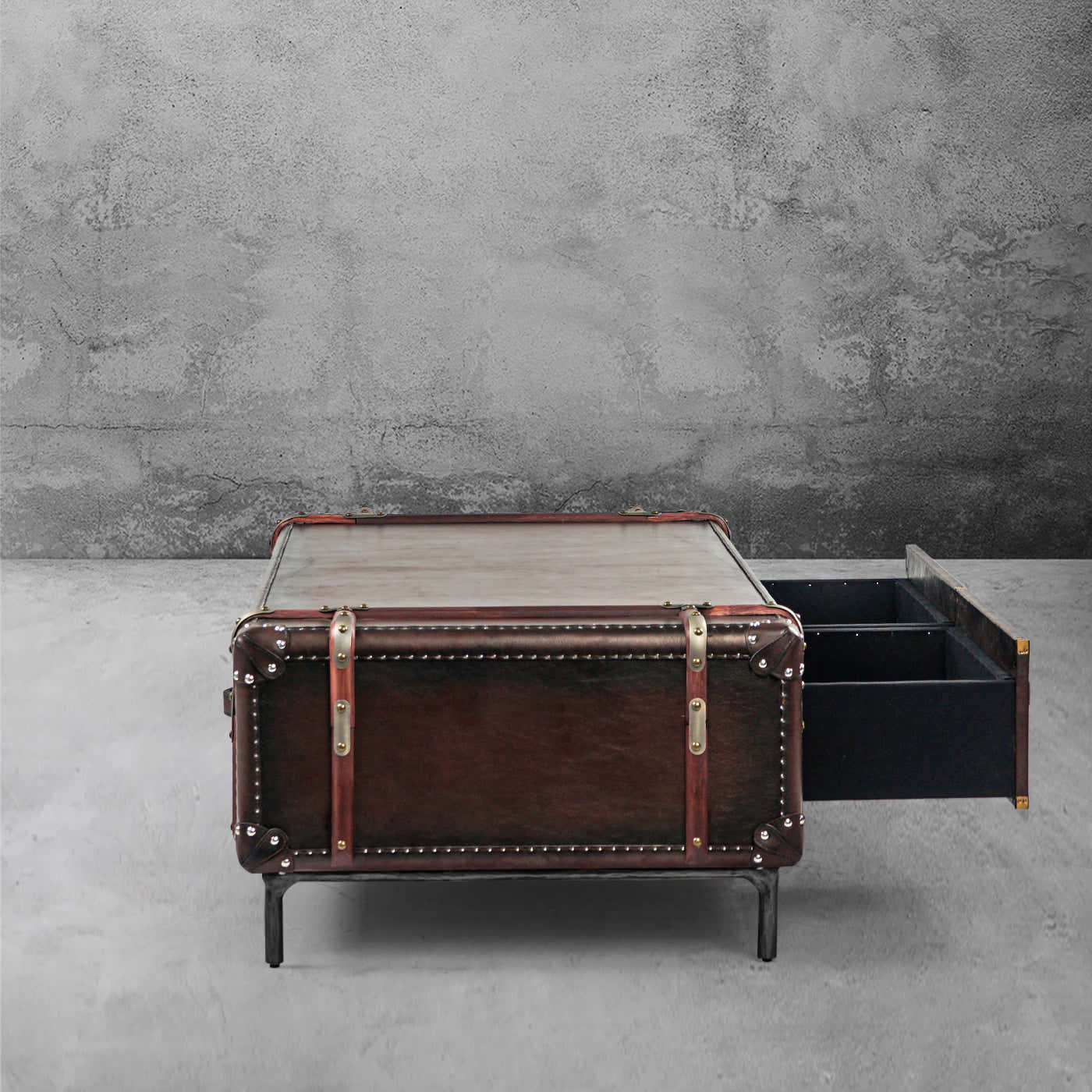 Hand-Forged Metal Vintage Cowhide Rattan Coffee Table