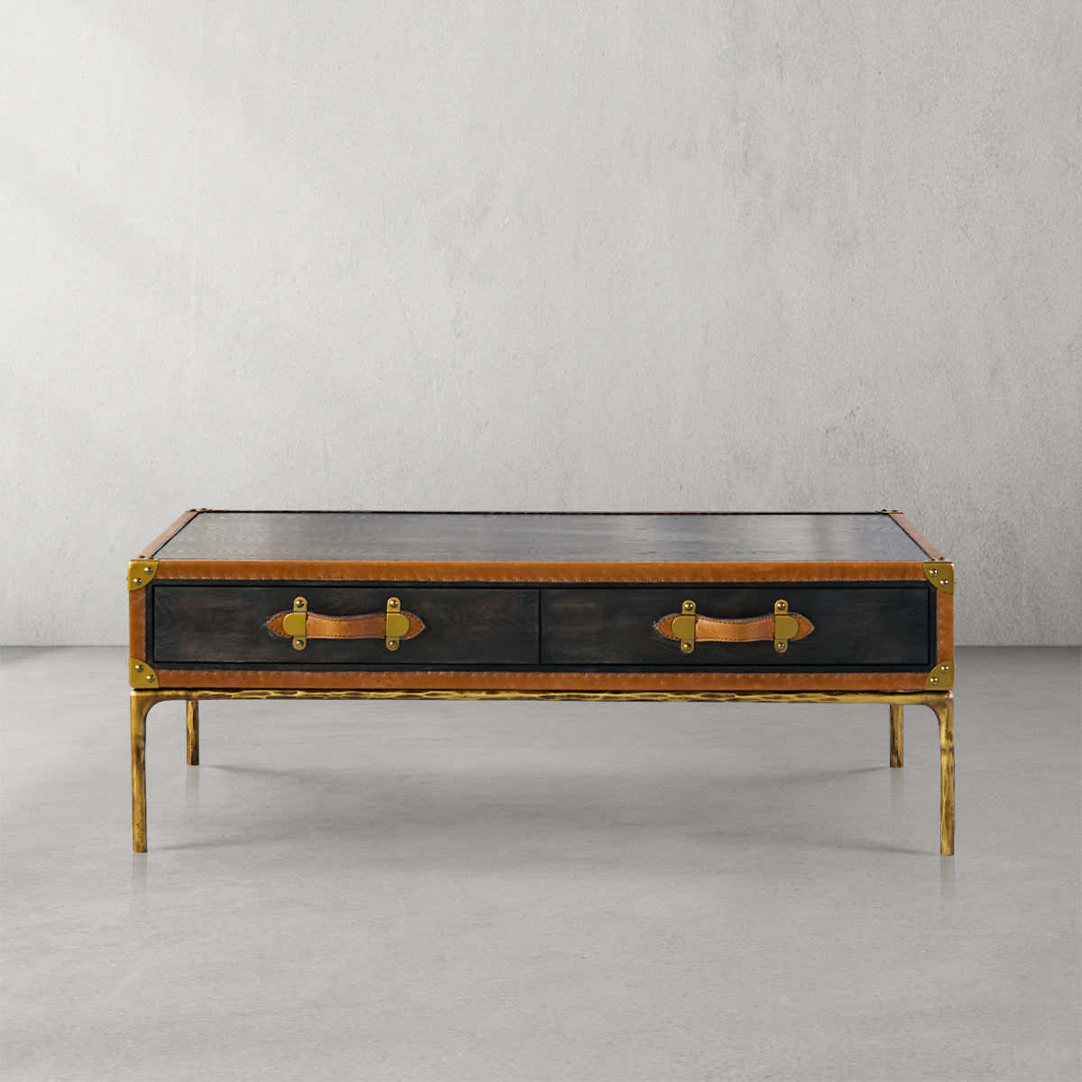 Hand-Forged Metal Vintage Leather Square Coffee Table