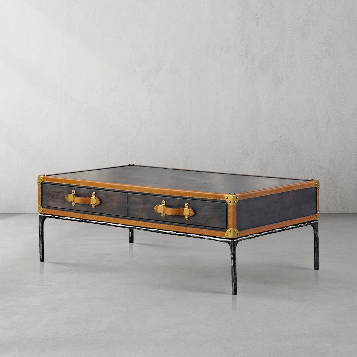 Hand-Forged Metal Vintage Leather Square Coffee Table