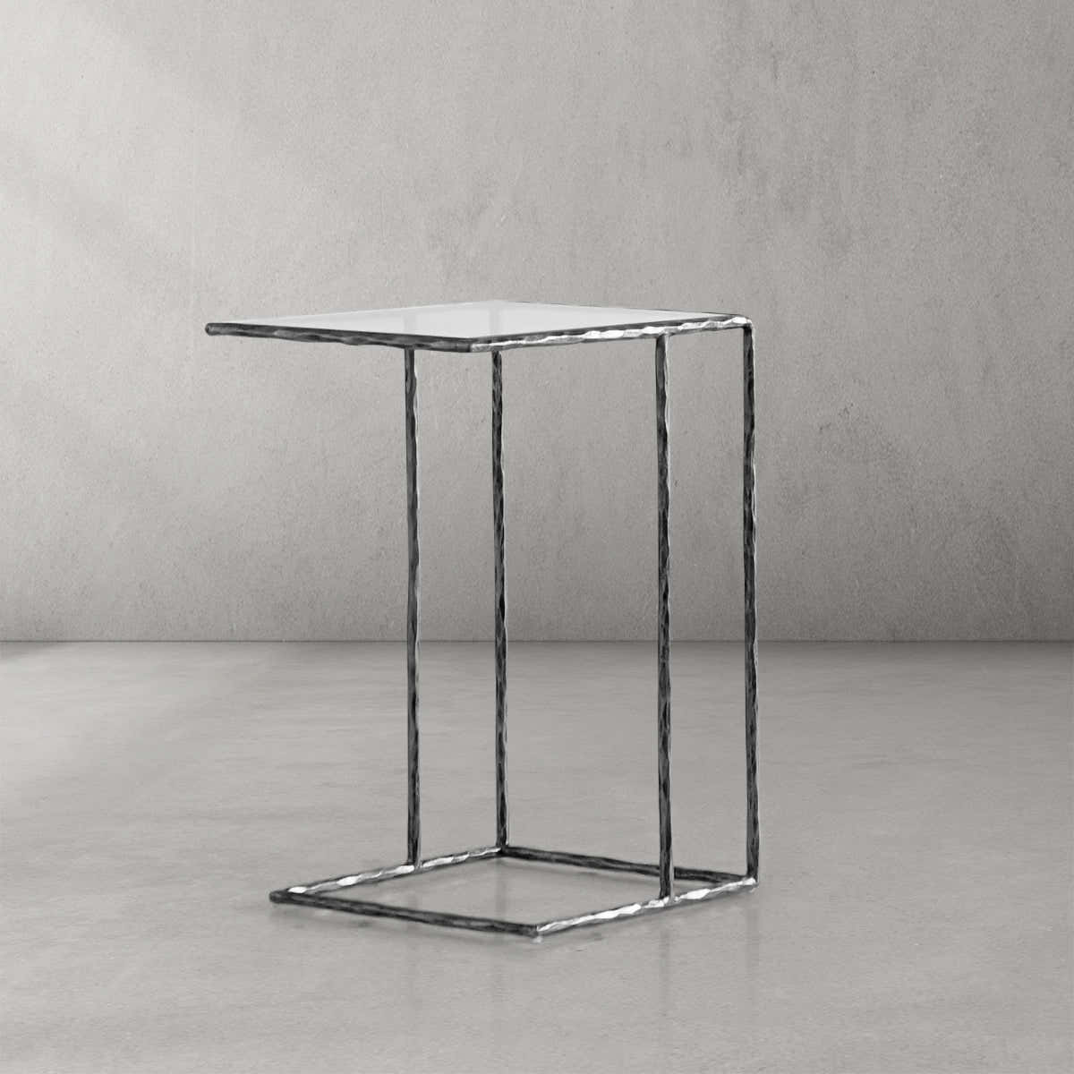 Hand-Forged Metal Glass C-Shaped Side Table