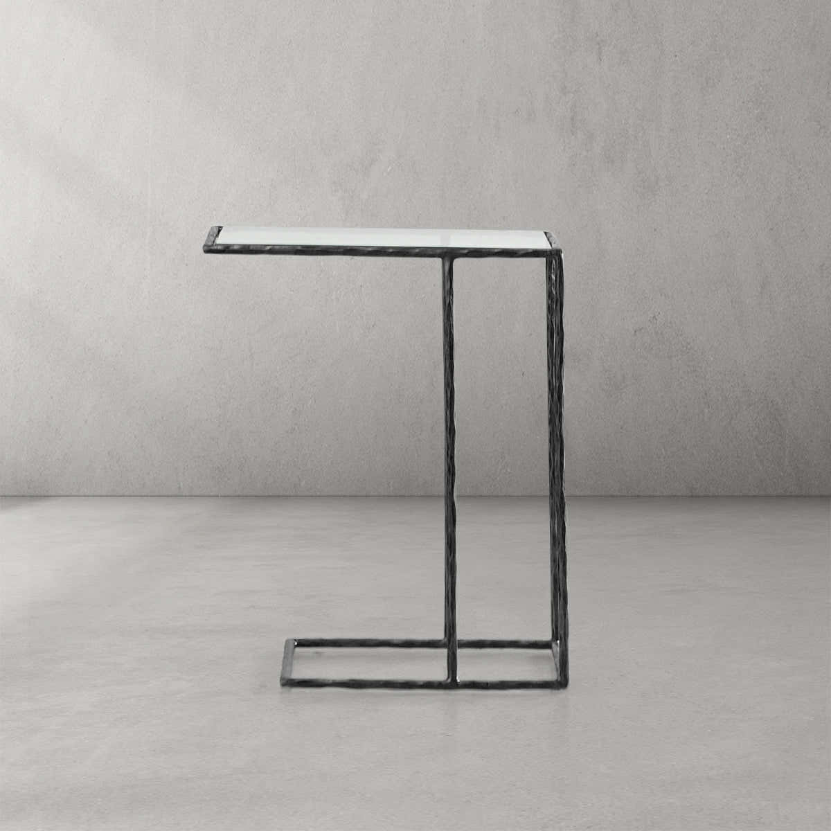 Hand-Forged Metal Glass C-Shaped Side Table