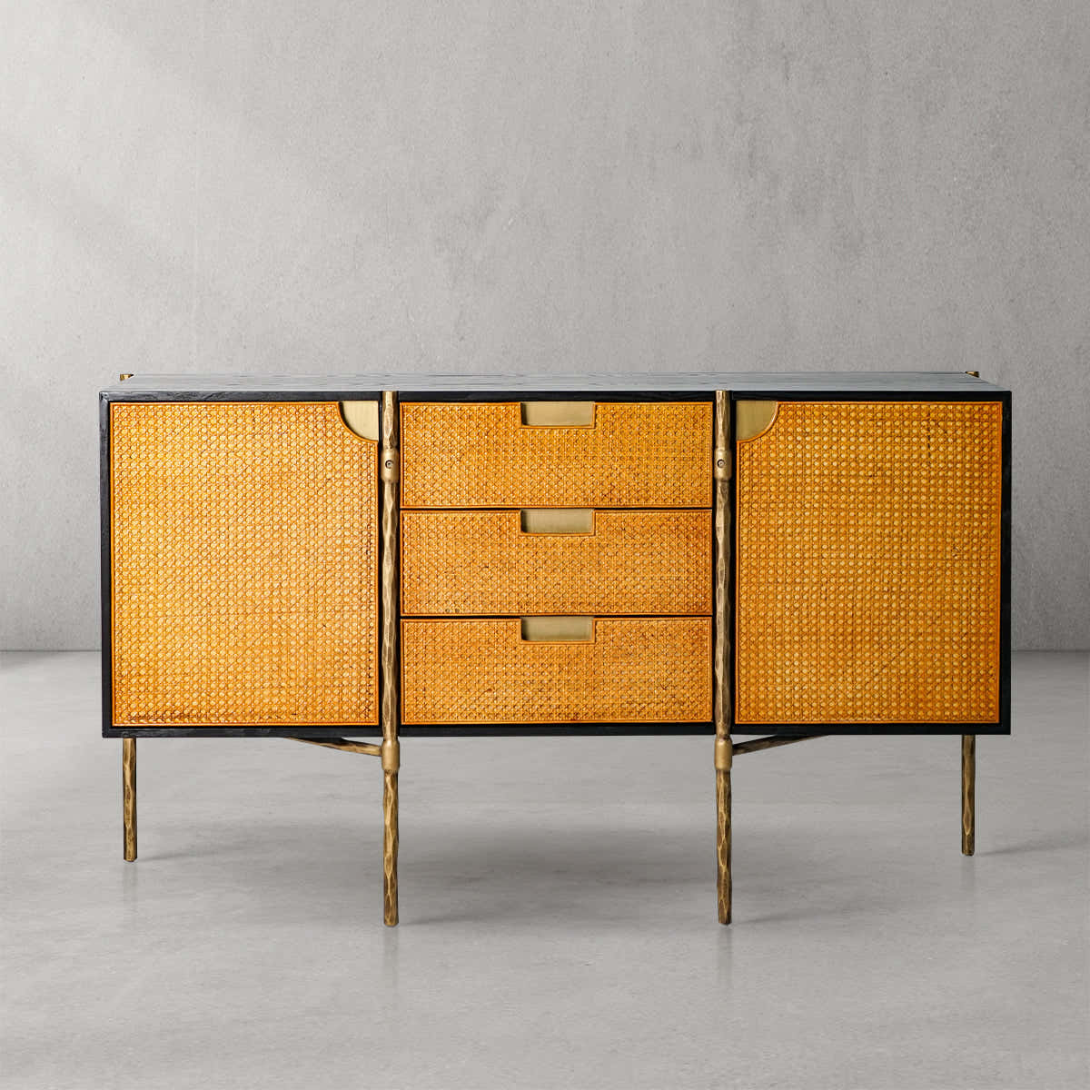 Hand-Forged Metal Metal Frame Rattan Side Cabinet