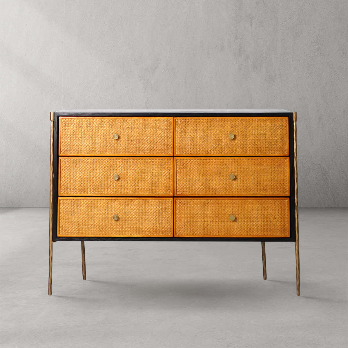 Hand-Forged Metal Metal Frame Rattan 6-Drawer Side Cabinet