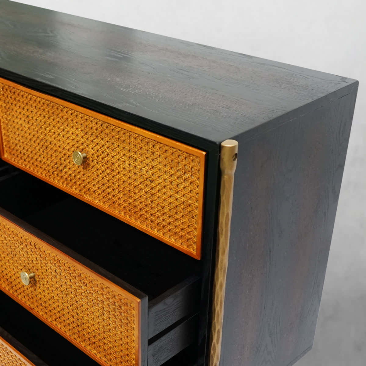 Hand-Forged Metal Metal Frame Rattan 6-Drawer Side Cabinet