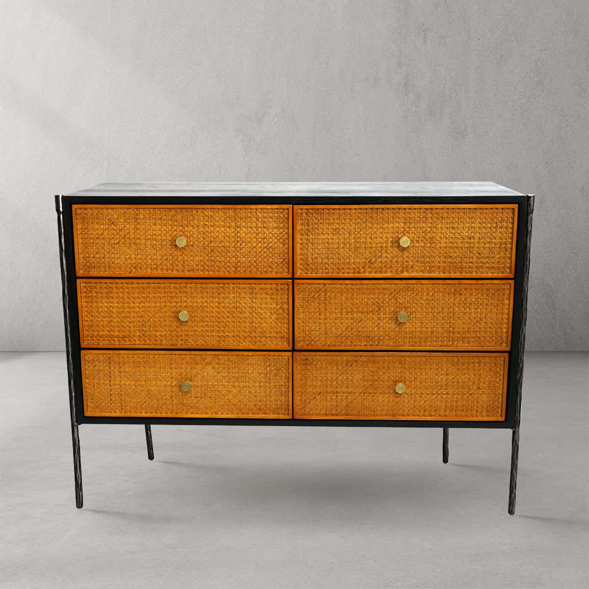 Hand-Forged Metal Metal Frame Rattan 6-Drawer Side Cabinet