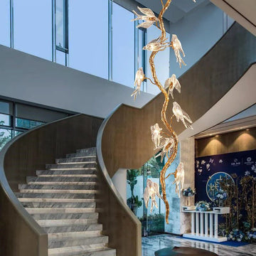 Modern Bird Glass Tree Branch Long Staircase Chandelier