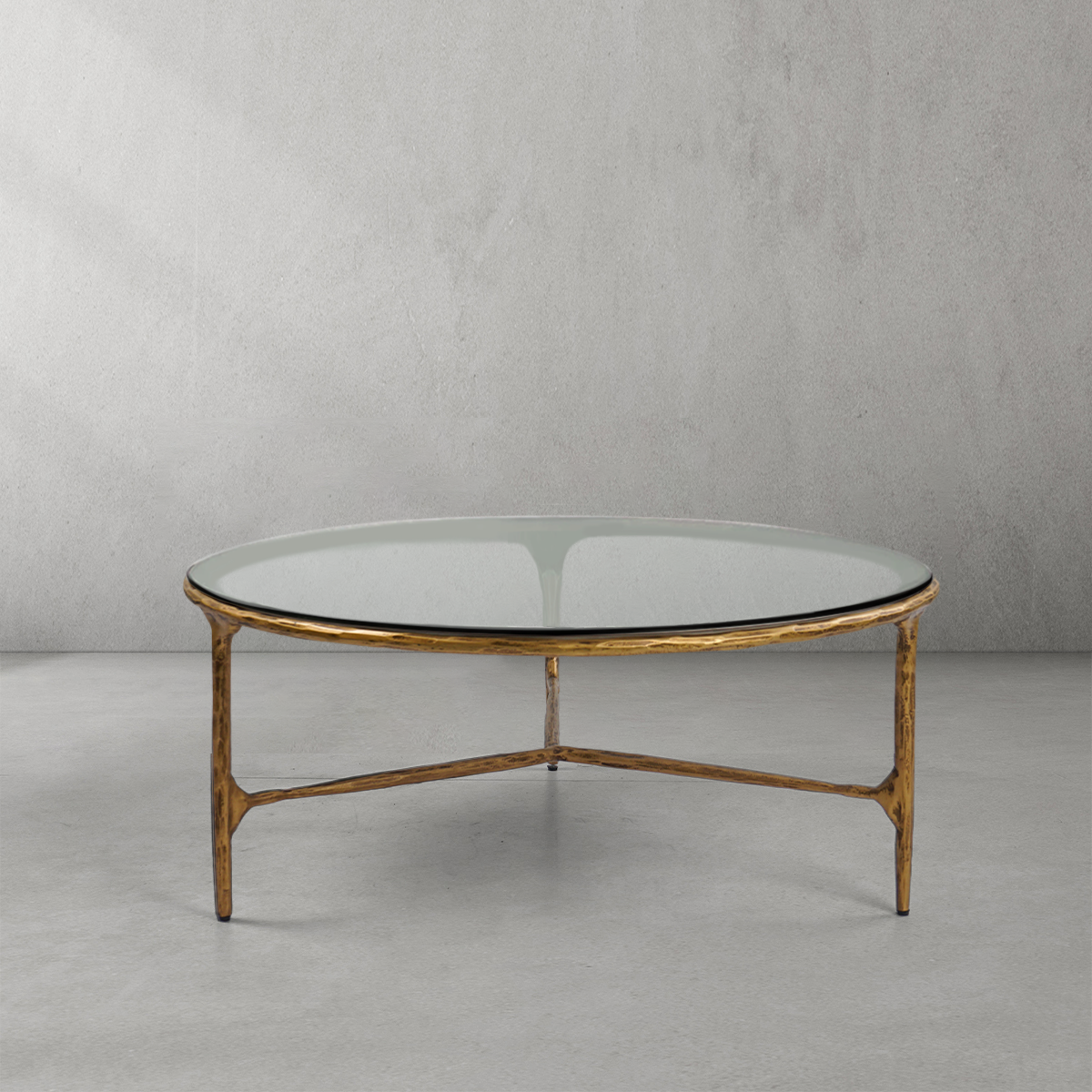 Hand-Forged Metal Glass Round Coffee Table 3 Legs 35"