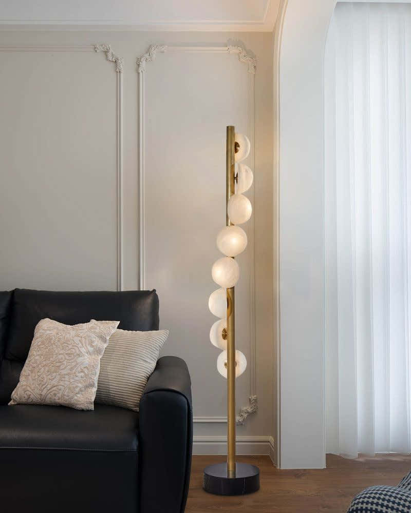 Vertical Antique Alabaster Globes in semi-flush fixtures Standing Marble Floor lamp