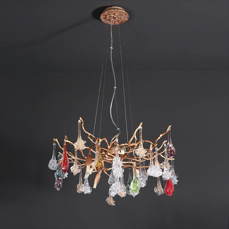 Modern Colored Glass Drop Round Branch Chandelier