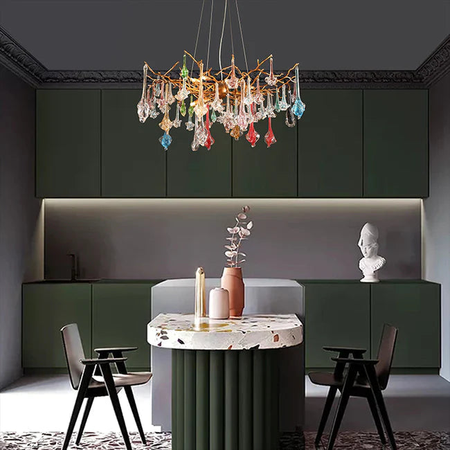 Modern Colored Glass Drop Round Branch Chandelier