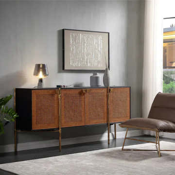 Hand-Forged Metal Metal Frame Rattan Long Side Cabinet