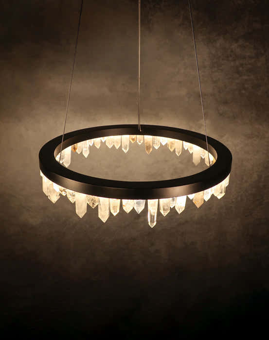 36 Inch Round Modern Chandelier Brass & Clear Geode Quartz Crystal Hanging Light