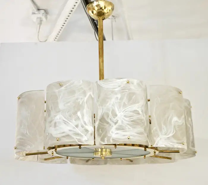 Bespoke Italian Alabaster White Murano Glass Brass Round Chandelier / Flushmount