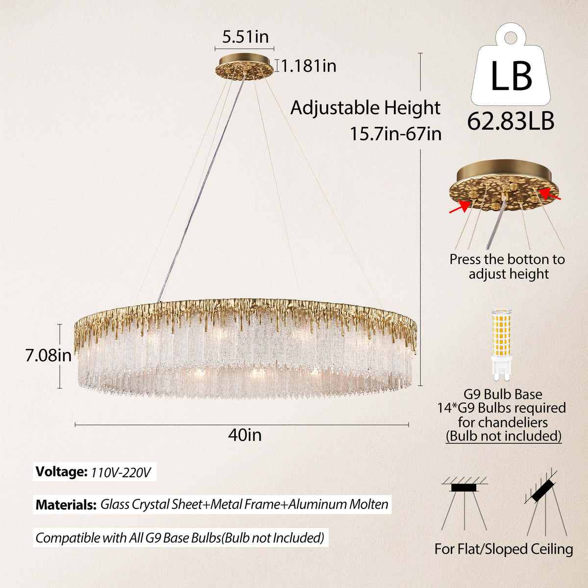 Rieo Crystal Glass Round Chandelier 40"D