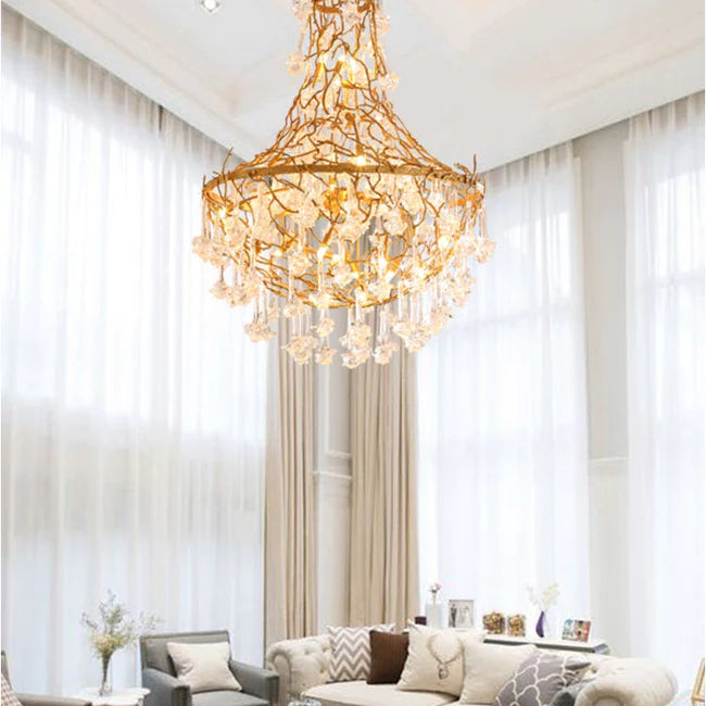 Modern Crystal Drop Brass Branch Chandelier