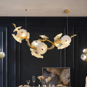 Modern Leaf Glass Flower Linear Branch Chandelier, Island Chandelier