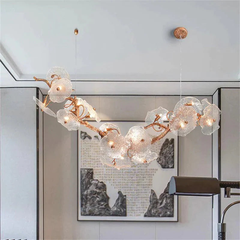 Modern Leaf Glass Flower Linear Branch Chandelier, Island Chandelier